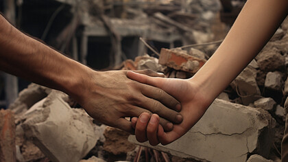 Two people holding hands after earthquake, designed by freepik