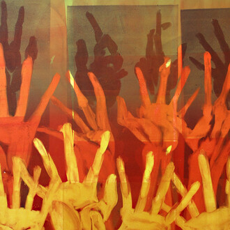 Mear One, “Desire / Need” (detail) 2004, Oil Based Ink on Arched Rives Paper, Monotype, 30″ x 44″