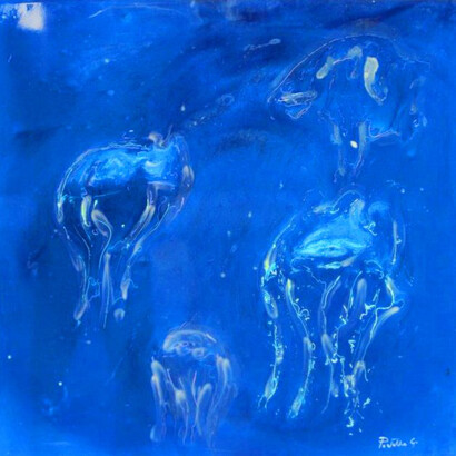 Giuseppe Portella, Meduse, 2013, resine luminescenti e tecnica mista su tavola, 70 x 70 cm