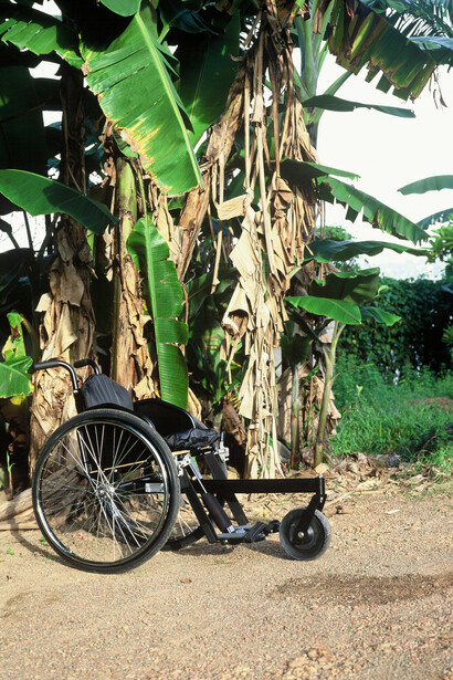 This wheelchair navigates rough, unpaved, and uneven terrain, specifically in the developing world where the ground may be mud or sand. The three rather than four wheels provide extra Access+Ability stability when pushing, propelling, and even tipping around obstacles.