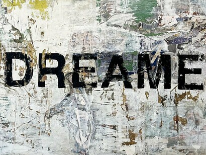 Greg Miller, Day Dreamer (detail), Acrylic, Collage, 24 x 60 in. Courtesy of the artist and JoAnne Artman Gallery