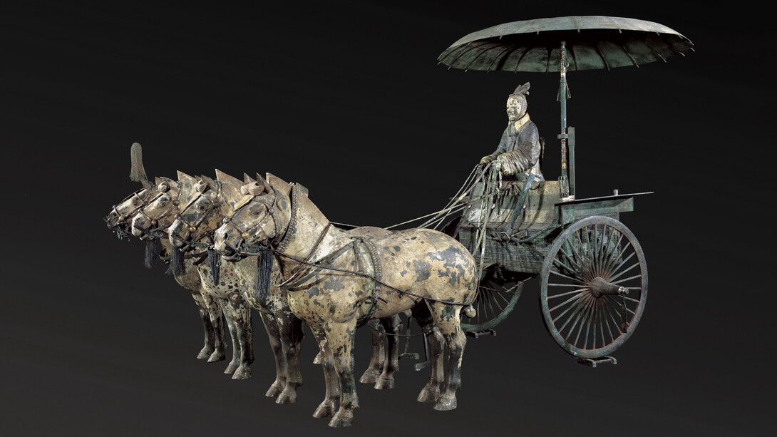 Four horse open chariot with a standing driver (replica). Courtesy of the Museum of Fine Arts
