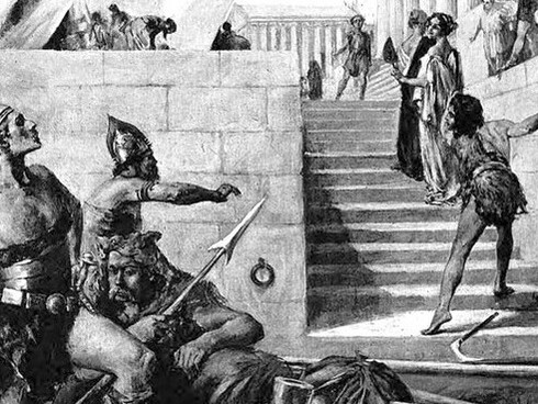 "Never mind, my good fellows! We're only Goths," an illustration from an 1899 edition of Charles Kingsley's 1853 novel, Hypatia, from Vol. 1, chapter 5, page 81, showing Philammon's encounter with some Goths