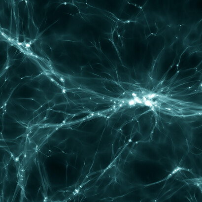 Simulación de la estructura del universo en la que los filamentos representan la materia oscura y los puntos de luz los sitios de formación de galaxias