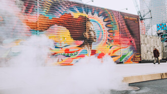 Arte profissional de artista urbano é exposta em portão de rua