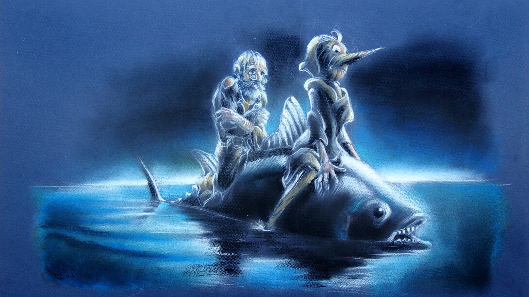 Paolo Mottura, Pinocchio e Geppetto a cavalcioni del tonno, pastello su cartoncino, per Pinocchio, Edizioni NPE, 2021. Courtesy Camillo Ferraro