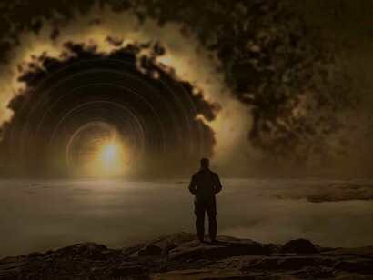 Dreaming of a portal in the middle of the sky as a man looks on at this virtual depiction of what is going on in his wake state