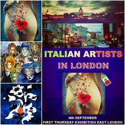 Sinistra in alto, 'Follow the river', Francesco Bertucci. Sinistra, al centro, 'Guises', Francesco Bertucci. Sinistra, in basso, 'GAPrincess', Francesco Bertucci. Destra, grande,  Manifesto Italian Artists in London.
 
