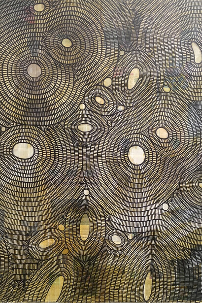 Constellation, carbon ink, newspaper on recycled cardboard, Mark Weighton, 2020
