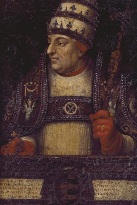 Juan de Juanes, Portrait du Pape Alexandre VI, 1586, Huile sur cuir (guadamacile), H.83 ; L.56 cm, Valence, Cabildo Metropolitano de Valencia © Francisco Alcántara