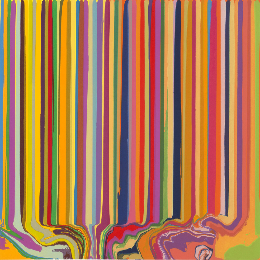 Ian Davenport, Duplex Etching: Yellow, Orange, 2014, A set of 4 etchings with chine collé on Hahnemühle Bright White 300gsm paper Paper 116.0 x 112.5 cm / Image 98.5 x 96.5 cm (each), Edition of 30, Courtesy Ian Davenport and Alan Cristea Gallery, London