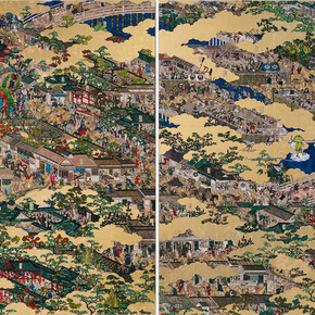 Takashi Murakami, Rakuchū-Rakugai-zu Byōbu: Iwasa Matabei RIP, 2023–24. Courtesy of Gagosian