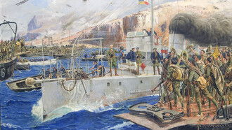 José Moreno Carbonero (1860–1942) "Desembarco de Alhucemas", pintura, 1929. El desembarco de la Armada española en la bahía de Alhucemas tuvo lugar el 8 de septiembre de 1925, bajo la dirección del general Miguel Primo de Rivera, y supuso el fin de la guerra de España contra Marruecos. Sobre cubierta del torpedero 22 aparecen los generales Miguel Primo de Rivera (1870-1930) y José Sanjurjo Sacanell (1872-1936), y al fondo aparece la montaña del Morro Nuevo, norte de Marruecos