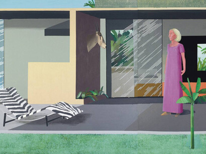 ‘Beverly Hills Housewife’, 1966. Copyright David Hockney. Acrylic on canvas, 72 x144 inches                                                                                                                           
