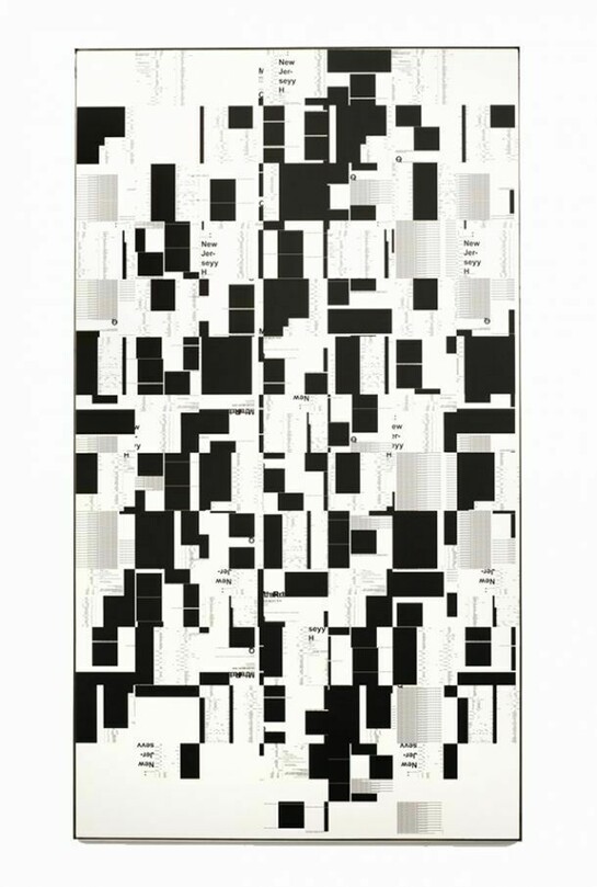 Michael Riedel, Untitled (Checkerboard across), 2014, Silkscreen on honeycomb panel, 100 3/8 x 56 3/4 inches (255 x 144 cm). Courtesy the artist and David Zwirner, New York/London