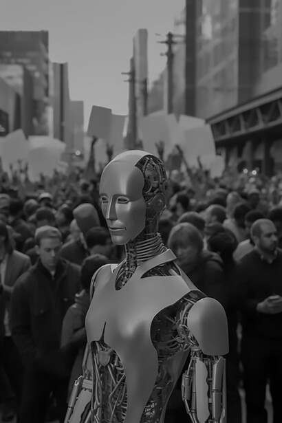 In an urban setting, a sophisticated AI robot poses for a portrait, seamlessly blending technology with the cityscape