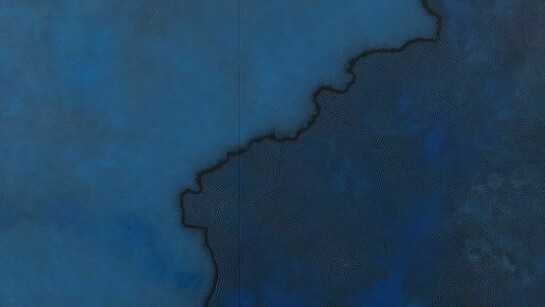 Shirazeh Houshiary, Detail of Echo, 2013 pencil, pigments and black aquacryl on canvas and aluminum two panels, each: 74.8 x 106.3 inches, 190 x 270 cm total dims: 74.8 x 212.6 inches, 190 x 540 cm Courtesy the artist and Lehmann Maupin, New York and Hong Kong Photo by Dave Morgan