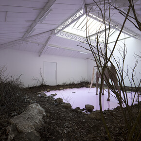 Petrit Halilaj, Yes but the sea is attached to the earth and it never floats around in space. The stars would turn off and what about my planet?, 2014, Installation. Mixed media (earth, branches, fallen leaves, stones, soap), Variable dimensions, View of the exhibition « Yes but the sea is attached to the earth and it never floats around in space. The stars would turn off and what about my planet? », Kamel Mennour, Paris, 2014, © Petrit Halilaj, Photo: Fabrice Seixas, Courtesy the artist and Kamel Mennour, Paris