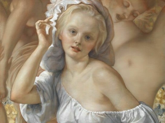 John Currin, Detail of Tapestry, 2013, oil on canvas, 46 1/8 x 34 inches (117.2 x 86.4 cm)