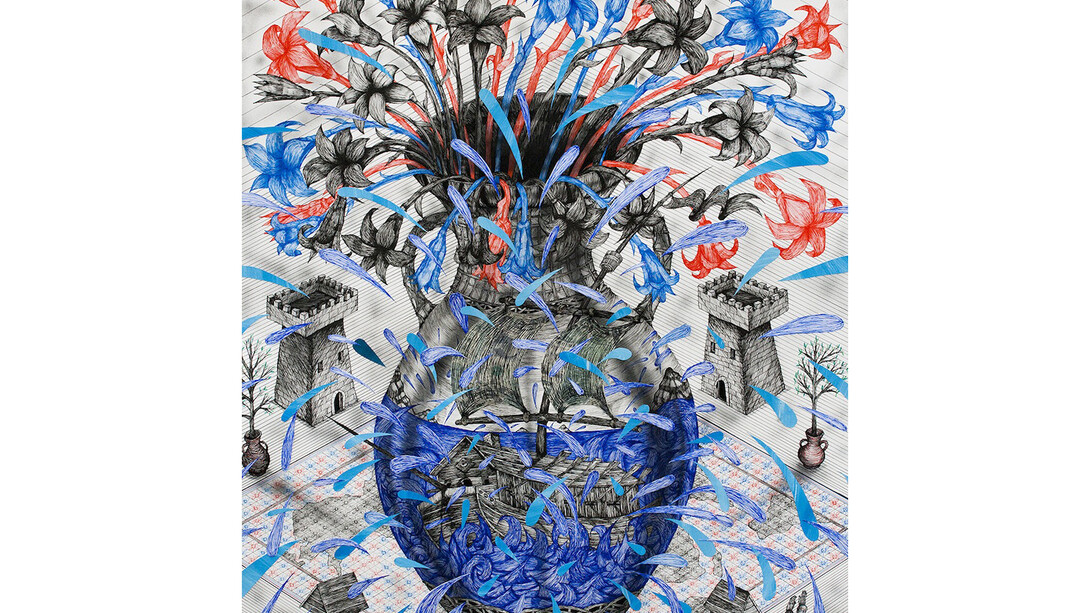 Andrew Schoultz, Vessel with Flowers, 2014, Ink, acrylic, collage, on paper, 50 x 38 inches
