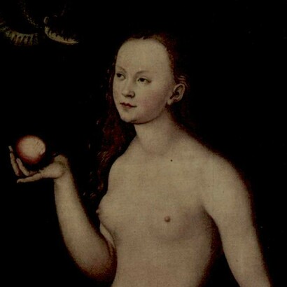 Eva por Lucas Cranach el Viejo: la serpiente tentadora, arriba a la izquierda