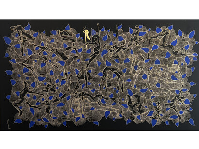 Mobina Nouri, Night of Freedom, 2023, gold leaf paint and acrylic on canvas, 104.50x59.50 inches. Courtesy of the artist and Advocartsy Gallery