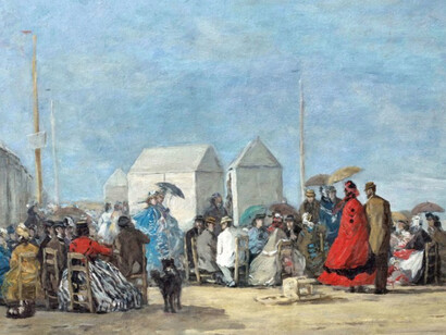 Eugène Boudin, Escena de playa en Trouville, Óleo sobre tabla. 31,1 x 48,5 cm © Colección privada