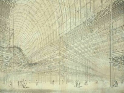 Crystal Palace, 1851, Hyde Park, London, perspective view of the nave and the south transept. Designer Sir Joseph Paxton, © RIBA Library Drawings Collection