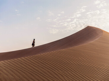 A single figure walking across a boundless desert landscape, swallowed by the vast open wild