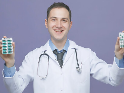 Young male doctor in medical attire, smiling with stethoscope around neck, holding drugs in hand, exuding happiness
