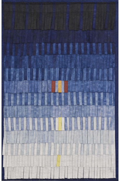 Abdoulaye Konaté, Composition: No. 15 (Bleu-Jaune), 2014, Textile, 206 x 134 cm / (81⅛ x 52¾ in) © the artist, Image Courtesy of the Artist and Blain|Southern, Photographer: Christian Gläser, 2015