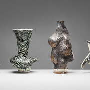 Grouping from left to right: Stegreif #115/ Lustre, 2020
Porcelain
36H x 31W x 30D cm; Stegreif #116, 2020
Porcelain and Pewter
50H x 31W x 31D cm; Stegreif #117, 2020
Porcelain
60H x 29W x 27D cm; Armoured Vase #2, 2020
Porcelain
37H x 50W x 35D cm. 