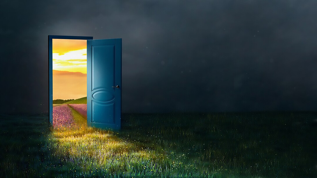 Open door collage depicting transition from darkness to light, leading to sunny, grassy land