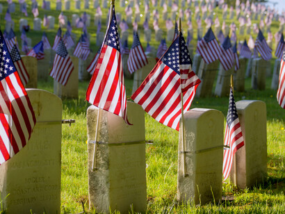 Military graves of fallen US soldiers adorned with the American flag
