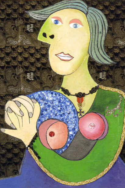 Enrico Baj, Donna seduta, 1969. Tecnica mista su tela, 114 x 92 cm. Courtesy of Palazzo Leone da Perego