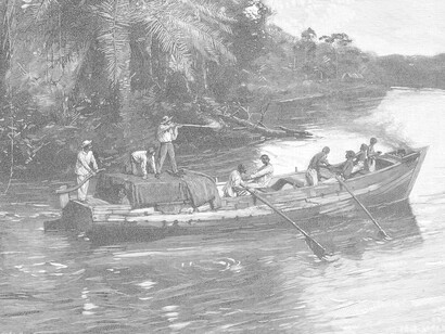 Remeros misquitos impulsando una lancha en el río San Juan de entonces. Fuente: The Century Illustrated Monthly Magazine