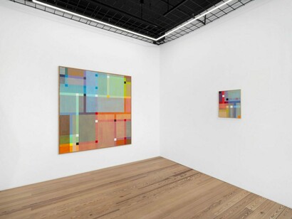 Beat Zoderer, Haiku. Three layered concrete watercolors, exhibition view. Courtesy of Galerie Lange + Pult