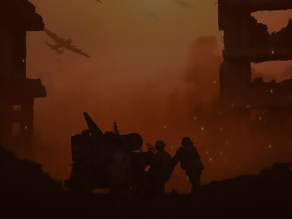 A vivid portrayal of the war and conflict milieu, showcasing soldiers amidst the intensity of battle and turmoil