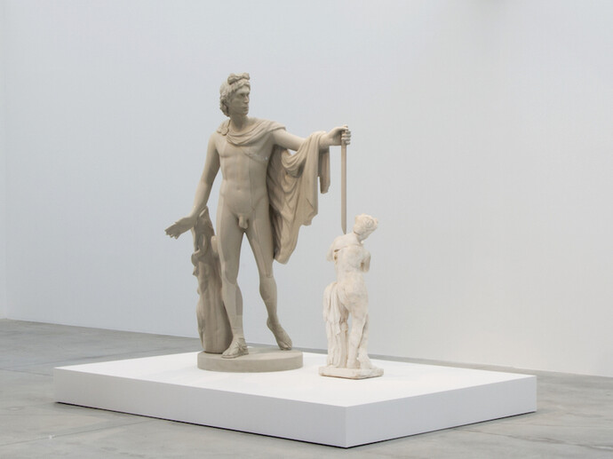 Francesco Vezzoli, Metamorfosi (Self-portrait as Apollo killing the satyr Marsyas),
2015,
2 parts,
Roman Imperial marble figure of a satyr playing the pipe, self-portrait polyurethane sculpture,
Satyr: 112,1 cm / Apollo: 220 cm
