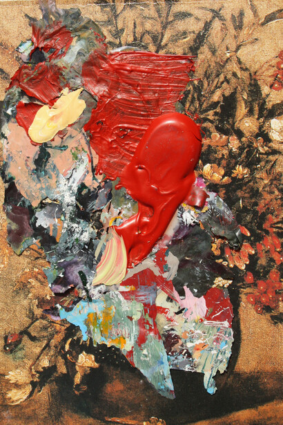 Hannah Williamson, Bloom with Red, 2013, dried acrylic paint and torn caper collaged onto a postcard, 17 x 12 cm