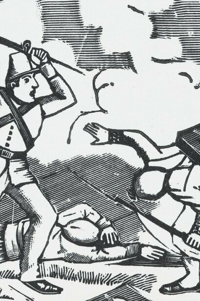 Detalle de "Soldado alzando su rifle para golpear a una mujer (Cinco de mayo)", de José Guadalupe Posada