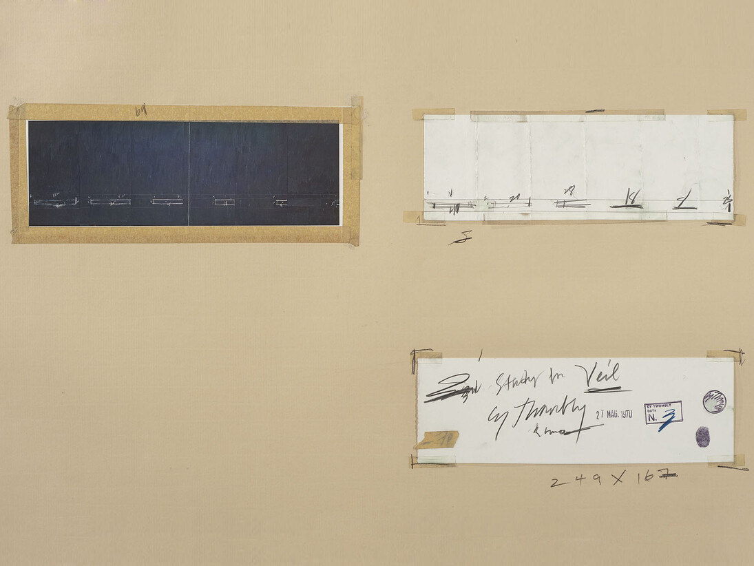 Cy Twombly, Untitled, 1970, Graphite pencil, ink, crayon, traces of pigment, tape, and cut, torn, folded, and printed paper on colored paper. The Menil Collection, Houston; Gift of the artist. Photography by Paul Hester ©Cy Twombly Foundation