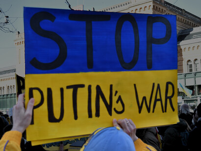 Demonstrators gather at Ernst-August-Platz in Hannover, Germany, to protest against Putin’s war in Ukraine