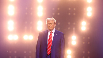 Trump stands motionless, a symbol of the isolationist path he's chosen, turning his back on global leadership at a time when the world needs unity