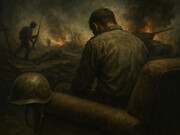 An empty military uniform draped over a worn sofa captures the silent weight of war’s aftermath — a haunting reflection of absence, memory, and the unseen wounds of conflict