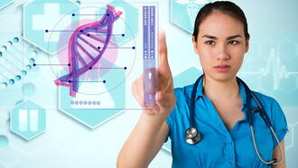 A doctor examines a medical application that highlights genetic information