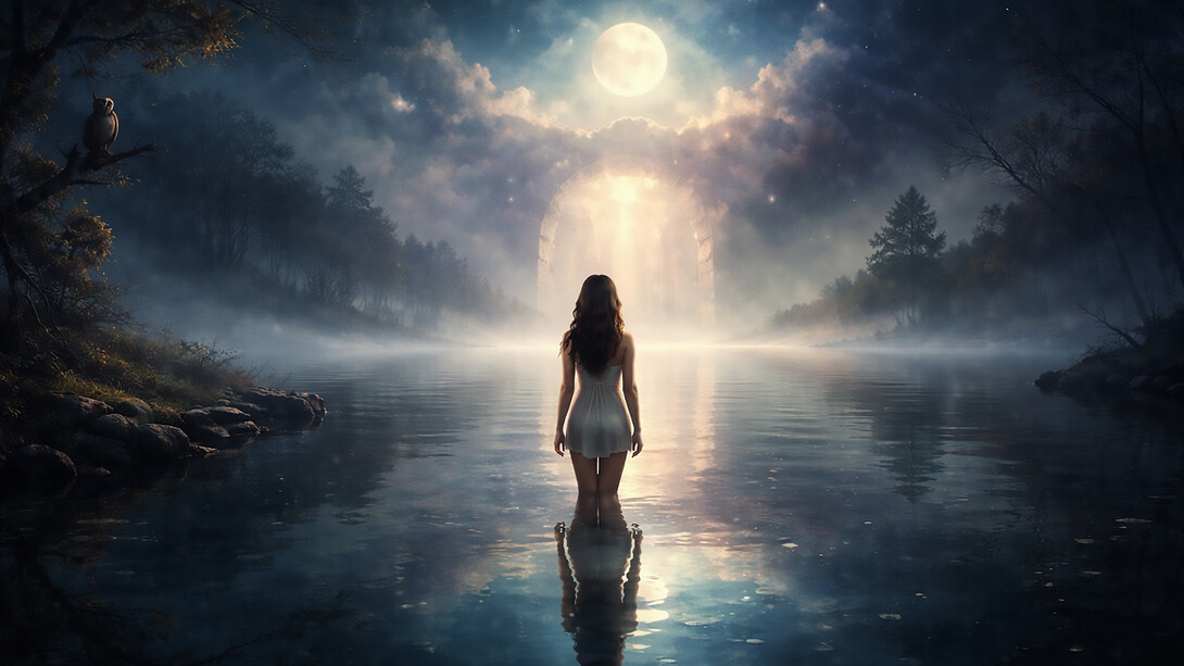 Standing at the threshold between water and sky, she faces the quiet language of the unconscious—where reflection becomes revelation and the path inward begins