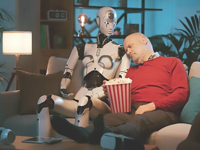 The harmony of human-AI connection as a man and a robot share the joy of watching movies together, embodying the evolving landscape of interactive entertainment