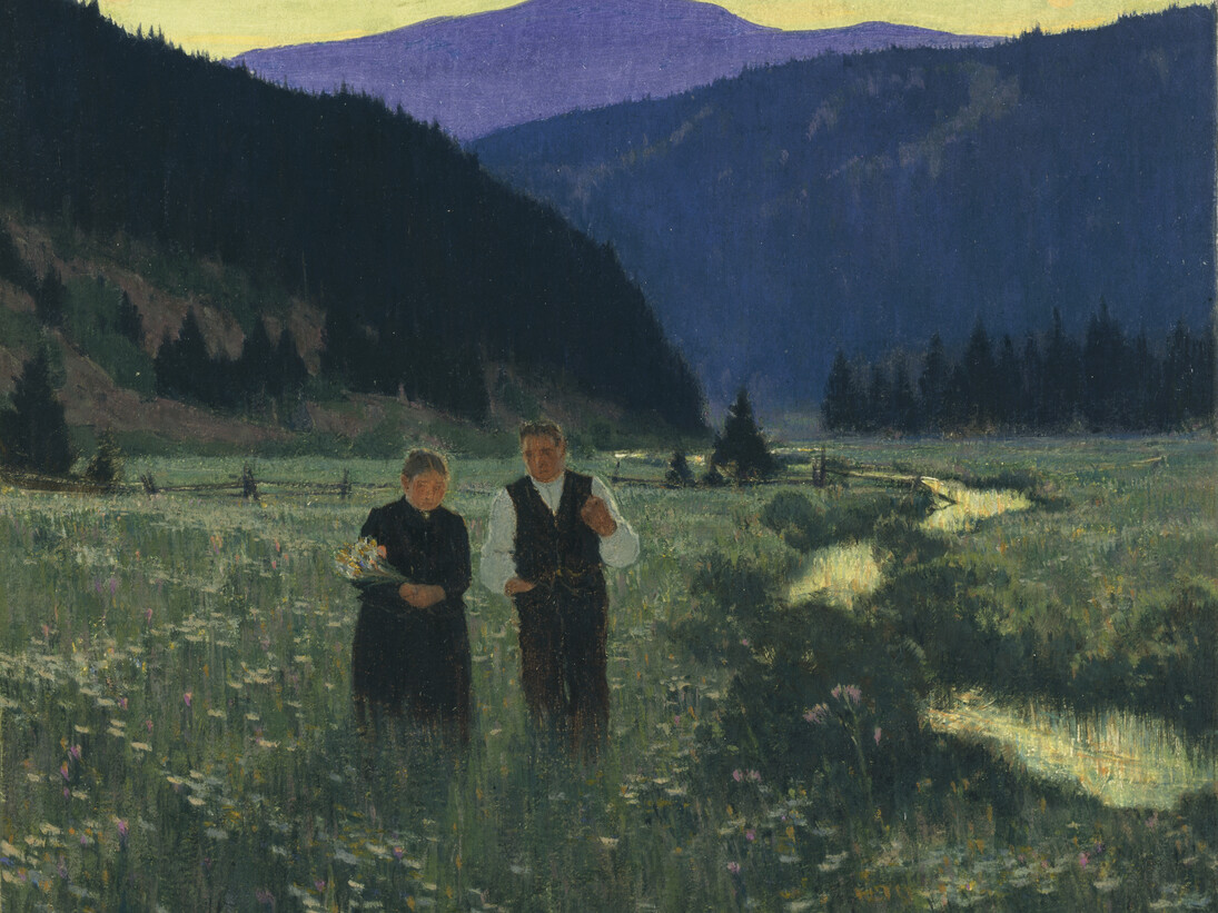 Clarence Gagnon (1881-1942)
The Betrothal, 1928-1933
gouache over colour monotype on paper
sheet: 24.1 x 26.5 cm; image: 21.5 x 22.6 cm
Gift of Colonel R.S. McLaughlin
McMichael Canadian Art Collection
