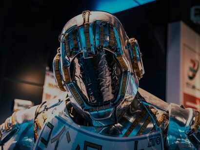 A menacing-looking robot in metallic